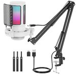 NJSJ USB Gaming Microphone Kit for PC, RGB Podcast Microphone Podcast Mic with Monitoring Jack, Quick Mute, Gain Control, Mic Boom Arm Stand for Recording Twitch Mac PS4/5 (White-with Boom Arm)