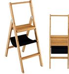 COSTWAY Foldable 3 Steps Ladder, 330lbs/150kg Capacity Bamboo Stepladder with Tool Storage Bag, High Handgrip and Anti-slip Foot Pads, Lightweight Household Step Stool for Home Kitchen Nature