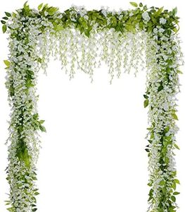 KHOYIME Wisteria Artificial Flowers Garland, 4Pcs 7.2Ft/Piece Artificial Wisteria Vine Silk Hanging Flower for Home Garden Outdoor Ceremony Wedding Arch Floral Decor (white)