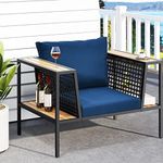 YITAHOME Outdoor Wicker Sofa with Wood-Look Armrest, Wicker Patio Couch with Cushion, Water-Resistant Indoor Outdoor Armchair for Balcony, Garden, Patio, Backyard, Deck, Porch - Navy