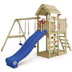 WICKEY Wooden climbing frame MultiFlyer with wooden roof, swing set & blue slide, Outdoor kids playhouse with sandpit, climbing ladder & play-accessories for the garden