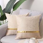 Coeufuedy Decorative Throw Pillow Covers 18x18 Inch Beige Gold Leather Striped Patchwork Jacquard Cushion Case Luxury Modern Square Cushion Cover for Sofa Couch Living Room Bedroom, Set of 2