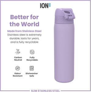 Ion8 Steel Water Bottle 600ml – Leak Proof, Flip Cover, Light Purple