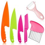AKlamater 6PCS Kitchen Safety Knives for Kids, 4PCS Children's Cooking Knives in 4 Sizes, Plastic Cutting Board & Paring Knife for Vegetables Fruits Salad Cheese(Pink)