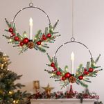 MEIVINES 2Pack 16inch Christmas Wreath with Taper Candle Lights Christmas Wreath Outdoor Prelit Christmas Wreath for Front Door Porch Fireplace Christmas Window Door Decorations