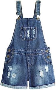 KIDSCOOL SPACE Big Girls Denim Overall Shorts,Boys Elastic Waistband Inside Ripped Jean Shortalls,Blue,16