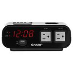 Sharp Digital Alarm Clock with 2X Power Outlets with Surge Protect and Rapid Charge USB Port - Grey Outlets