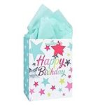 Happy Birthday Gift Bag, Cyan Gift Bags with 2 Tissue, Medium Paper Gift Bags with Twist Handles, Birthday Gift Bag for Girl Boy Women Female (180x100x230mm)