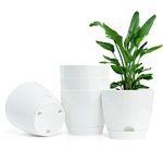 Livzing 7" Self Watering Planter Flower Pot with Drainage Hole - Indoor Outdoor Planter Pots for Balcony Home Garden - Modern Plant Pot - Virgin Plastic Flower Pots - White (Pack of 5)