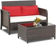 HAPPYGRILL 2 Pieces Wicker Patio Furniture Set, Outdoor Rattan Loveseat & Coffee Table with Tempered Glass Tabletop & Cushions, Outdoor Conversation Set for Garden Backyard Porch Poolside