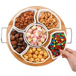 ZENFUN 11'' Ceramic Divided Dishes with Bamboo Tray, 6-Compartment Appetizer Tray Removable Snack Bowls, Round Sectional Serving Platter for Candy and Nut, Fruits, Condiment, Party