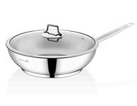 SAFLON Stainless Steel Tri-Ply Capsulated Bottom 12 Inch Stir Fry Pan with Glass Lid, Induction Ready, Oven and Dishwasher Safe