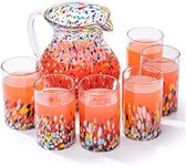 Confetti Rocks Mexican Hand Blown Glass Pitcher & Glass Set, Mexico Drinking Pitcher & Glasses – Set of 6 Glasses + Carafe Recycled Glasses 14oz and Pitcher 84 Ounces, Lead-free, Toxin-Free (Confetti)