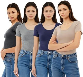Emmalise Women's Short Sleeve Tshirt Scoop Neck Tee Value Set (4Pk, Tup, NVY, HGry, HChr, 1XL)