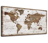 Large World Map Canvas Wall Art Prints Office Wall Decor White Wooden Board Vintage Nautical Canvas Pictures Brown The Map of World Artwork for Home Office Bedroom Meeting Room Decoration 60x120CM