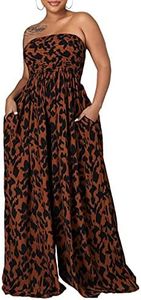 Ophestin Women's Strapless Tube Wide Leg Jumpsuits Smocked Women Jumpsuits Dressy Casual Leopard Polka Dot Print Flowy One Piece Jumpsuits Rompers Coffee S