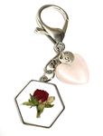 Handmade Rose bud Keyring made with real handpressed rose flowers. Unique romantic gift (Hexagon Rose Quartz Bag Charm)