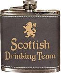 Scottish Drinking Team 6 Oz Black Leather Stainless Steel Hip Flask with Laser Engraved Design - Leak Free, Easy to Hide | Thousand Oaks Barrel Co. (FSK617A)