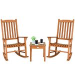 RELAX4LIFE 3 PCS Rocking Chair Set, Patio Garden Furniture Set with Coffee Table, Outdoor Wicker Conversation Rocker Bistro Set for Balcony Backyard Poolside (Eucalyptus Wood)