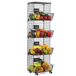 4 Tier Vegetable Storage Rack Fruit Vegetable Stand with Lockable Casters Stackable Fruit Basket Metal Wire Basket Storage Organizer Carts for Kitchen, Pantry, Bathroom, Garage