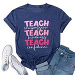 KIMSOONG Teacher Shirts for Women Teacher Life Tee Inspirational Letter Printed Graphic Tees Teacher Gift Casual Tops Blue