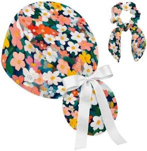 Scrub Caps Women Ponytail Nurse Hat with Buttons, Flower and Leaf
