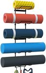 Yoga Mat Holder Wall Mount, Wall Rack Organizer, Storage Foam Roller and Block, with 5 Sectional and 3 Hooks for Hanging Yoga Strap, Resistance Bands at Fitness Class or Home Gym, Decor(Black)