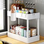 wolpin Under Sink Organizer Plastic Shelves Storage Rack-2-Tier Plastic Holder With Hooks&Cup Holder For Kitchen Multi-Purpose Under Bathroom Cabinet Storage&Kitchen Organizer Baskets (40X21X39 Cm)