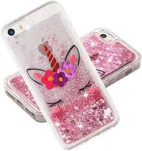 COTDINFOR iPhone 5S Case Liquid Glitter Cute Clear Sparkle Moving Quicksand Protective Cover Shockproof Soft Silicone Phone Case for iPhone 5 / 5S / SE Sleeping Beauty Unicorn XYLS.