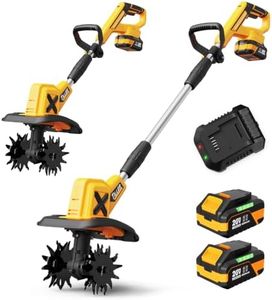20V Cordless Tiller Cultivator, 400RPM Electric Rototiller with 48 Steel Tines, 4.0Ah Battery Powered Garden Tiller with 8-inch Width and 6-inch Depth, Tiller for Gardening and Soil-Yellow