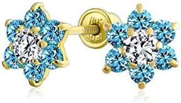 Tiny Aqua Blue CZ Flower Stud Earrings For Women For Teen Cubic Zirconia Simulated Aquamarine 14K Real Gold Screw back