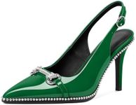 Younton Slingback Heels for Women Stilettos High Heel Crystal-Encrusted Buckled Heels Pointd Toe Pumps 3.5 Inch Comfortable Event Party Dress Shoes, Patent Green, 8