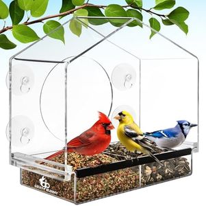 Gray Bunny GB-6902 Deluxe Clear Window Bird Feeder, Large Wild Birdfeeder with Drain Holes, Removable Tray, Super Strong Suction Cups, Transparent Viewing, Covered, High Seed Capacity, Rubber Perch