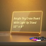 HEYYOUFLY Acrylic Dry Erase Board with Light Up Stand for Desk 12 x 8 inch Clear Desktop Note Memo White Board Notepad Table LED Letter Massage Boards for Personal Creative Use Includes One Dry Erase Markers