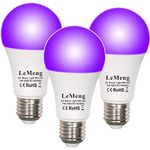 LeMeng LED Black Lights Bulb 9W Blacklight A19(75Watt Equivalent), E26 Medium Base 120V, UVA Level 395-400nm, Glow in The Dark for Blacklights Party, Body Paint, Fluorescent Poster-3 Count(Pack of 1)