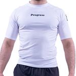 Progress Jiu Jitsu Academy Short SleeveRashguard | Flexible and Durable BJJ Rash Guard | Moisture-Wicking Compression Tops for Men and Women | 80% Polyester/20% Spandex White XL