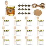 ComPDCVD 1.5 oz 12 Pack Hexagon Glass Honey Jars Clear Hexagon Mini Glass Jars with Wooden Honey Sticks, Bronzy Bee Pendants, Round Kraft Paper, Jute Twine for Honey, Wedding Favors, Jams