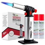 Kitchen Torch With Butane included - Refillable Butane Torch With Safety Lock & Adjustable Flame + Fuel gauge - Culinary Torch, Creme Brûlée Torch for Cooking Food, Baking, BBQ, 2 Cans Included
