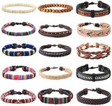 YADOCA 15 Pcs Leather Chakra Bead Tribal Bracelet(Unisex) National Charm Hand Knit Boho Hemp Wood Beaded String Bracelets for Men Women Girls Wristbands