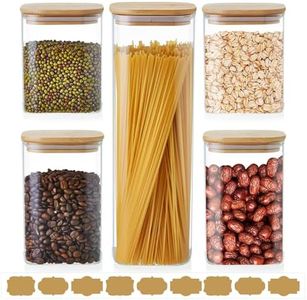Unbreakable Overnight Oats Containers with Lids, Set of 5 Airtight Glass Jars with Bamboo Lids, Glass Food Storage Canisters for Cookie, Candy, Coffee Bean, Sugar, Spices, Dry Goods, Transparent