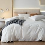 JIYUAN 100% Washed Cotton Duvet Cover Set Comfy Simple Style Soft Breathable Textured Durable Linen Feel Bedding for All Seasons Queen Size,Solid Off White