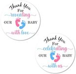 40 Thank You for Revealing Our Baby with Love Stickers, 2 Inch Big Round Glossy Labels, Pink and Blue Footprints Theme for Gender Reveal, Great for Party Favors, Tags, Games and Supplies. Made in USA