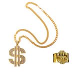 QCZJ Dollar Sign Necklace and Ring Set,Hip Hop Dollar Necklace Rapper Punk Gold Chain Gold Plated Chain Dollar Necklace for Men Woman Mardi Gras Carnival Party