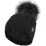 RockJock Ladies Warm Chunky Diamond Cable Knit Hat with Thermal Teddy Fleece Lining and Detachable Faux Fur Pompom-Black