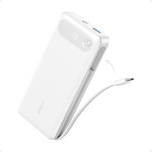 Anker Powerbank, 20.000mAh tragbares Ladegerät mit integriertem USB-C-Kabel, 87W Max Schnelllade-Akku, 1 USB-C und 1 USB-A, für MacBook, iPhone 17/16/15/14 Serie, Samsung, Switch, und mehr (weiß)
