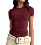 LACOZY Women Y2k Basic Short Sleeve Crop Tops Workout Solid Round Neck Skinny Tee Shirt Slim Fit Cropped Shirts Red M