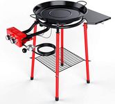 GRISUN Paella Pan, Paella Burner and Stand Set, Paellera Set, 24 Inch Enameled Paella Pan Set, with Built-In Ignitor, Regulator Hose, Carry Bag, Durable Legs with Bottom Shelf, Side Shelf(19 Servings)