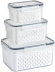 Lizbin 3 PCS Fruit Storage Containers for Fridge with Removable Colander, Leak proof Food Storage Containers, Airtight Food Storage Containers, Food Storage Containers with Lids, Keep Food Meat Fresh