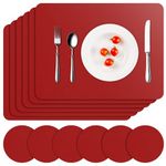 APLKER Placemats Set of 6, Faux Leather Heat Resistant Place Mats for Dining Table, Waterproof Washable Table Mats and Coasters, Indoor & Outdoor Kitchen Table Placemats, Red