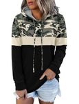 KISSMODA Women Camo Print Hoodie Long Sleeve Camouflage Pullover Hooded Sweatshirt Color Block Tops Black 2X